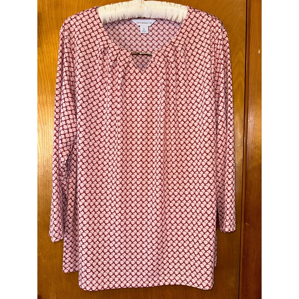 Liz Claiborne Long Sleeved Red Geometric Top Blouse XL‎